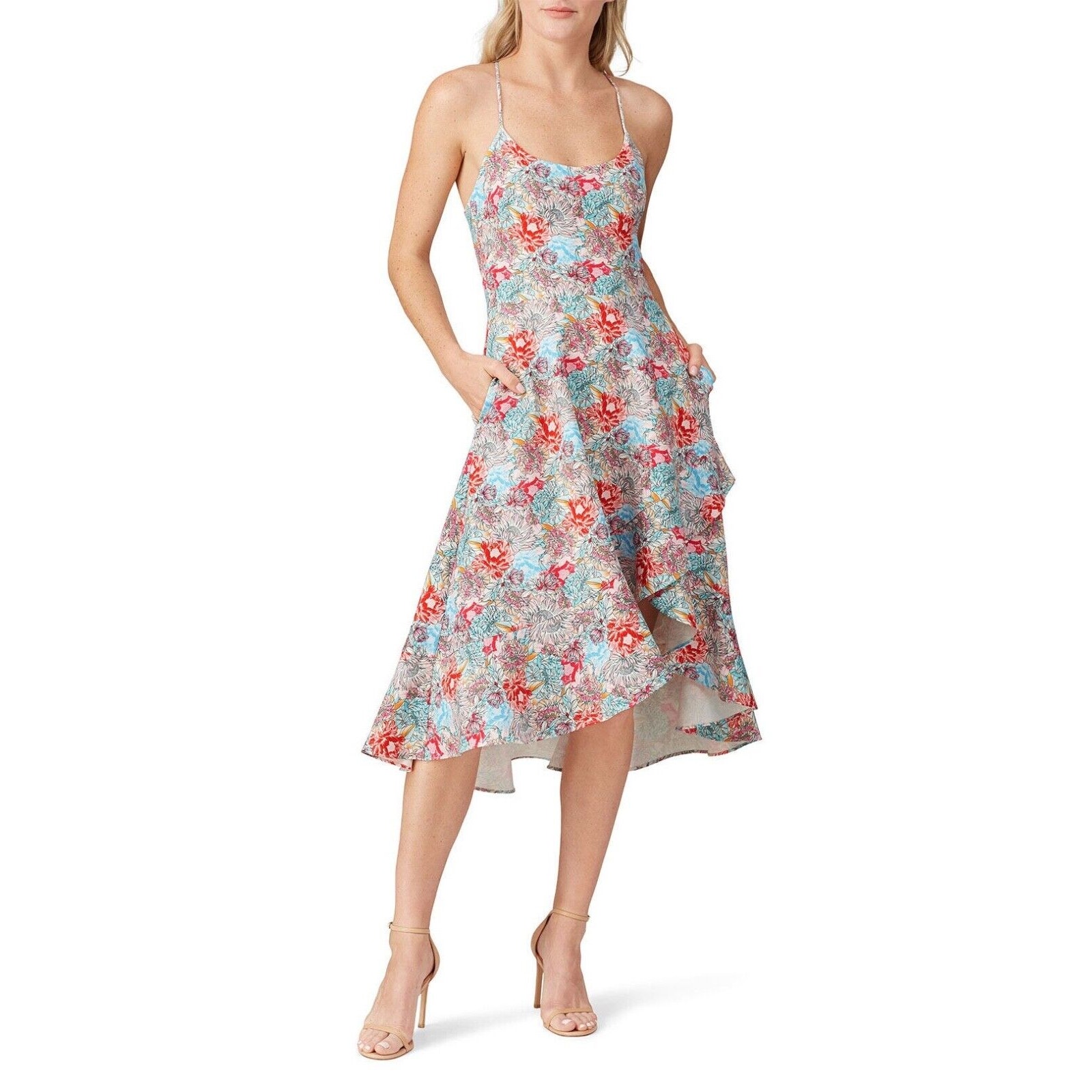 Rtr Black Halo Blue& Pink Floral Marie Lined Sleeveless Sundress W Pockets Size2